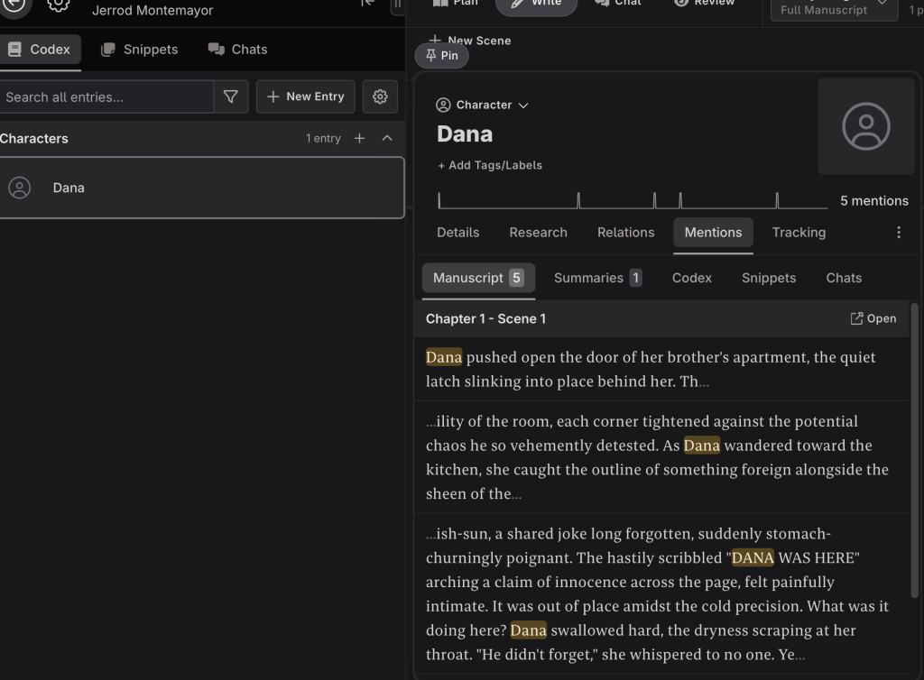 Novelcrafter Codex auto-tracking a character named Dana with 5 mentions