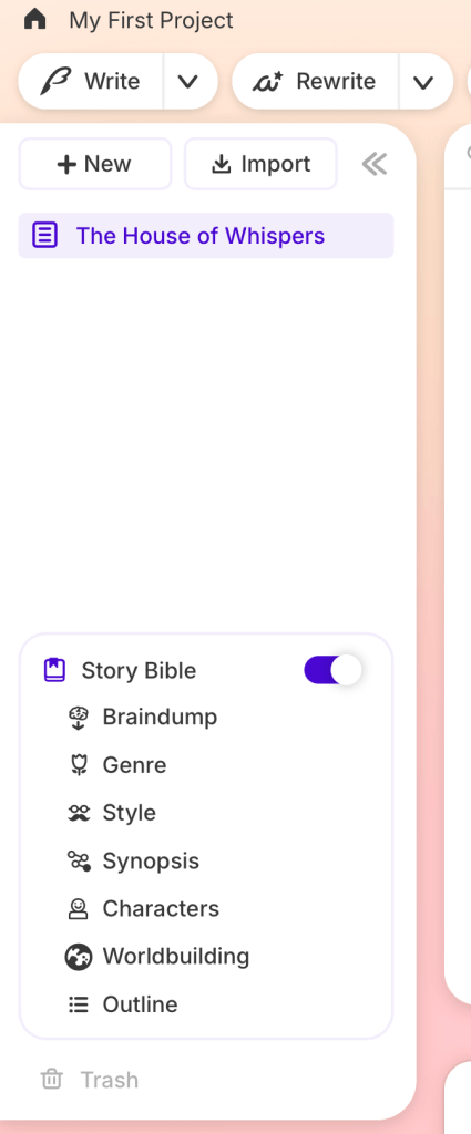 Sudowrite Story Bible panel showing Braindump, Genre, Style, Synopsis, Characters, Worldbuilding and Outline